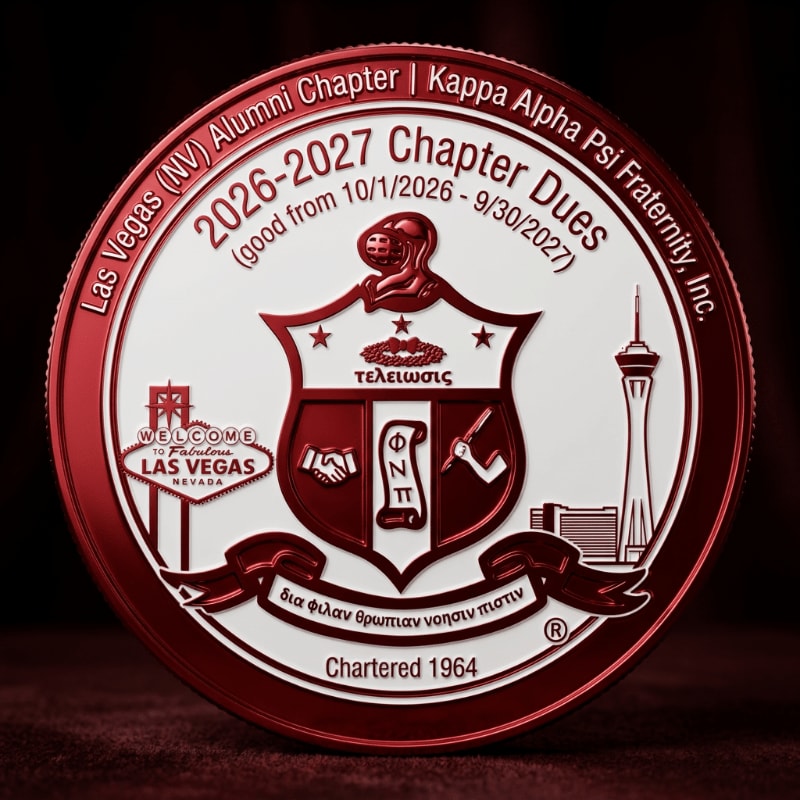A red and white coin with the Kappa Alpha Psi crest and Las Vegas landmarks in the foreground is set against a dark, blurred background.
