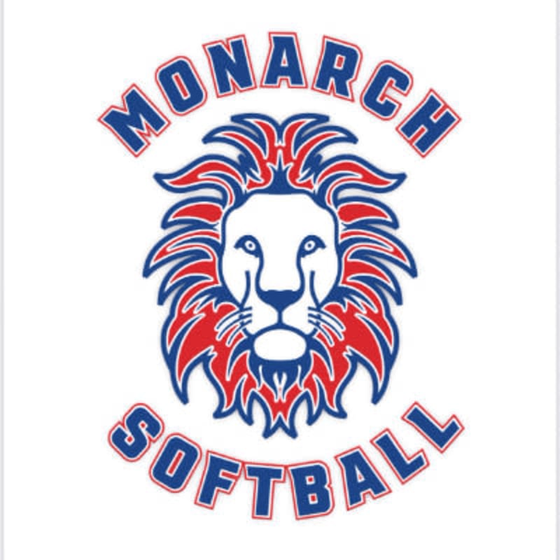 A stylized lion's head with a red and blue mane is centered on a white background, with "MONARCH" arched above and "SOFTBALL" arched below in blue and red lettering.