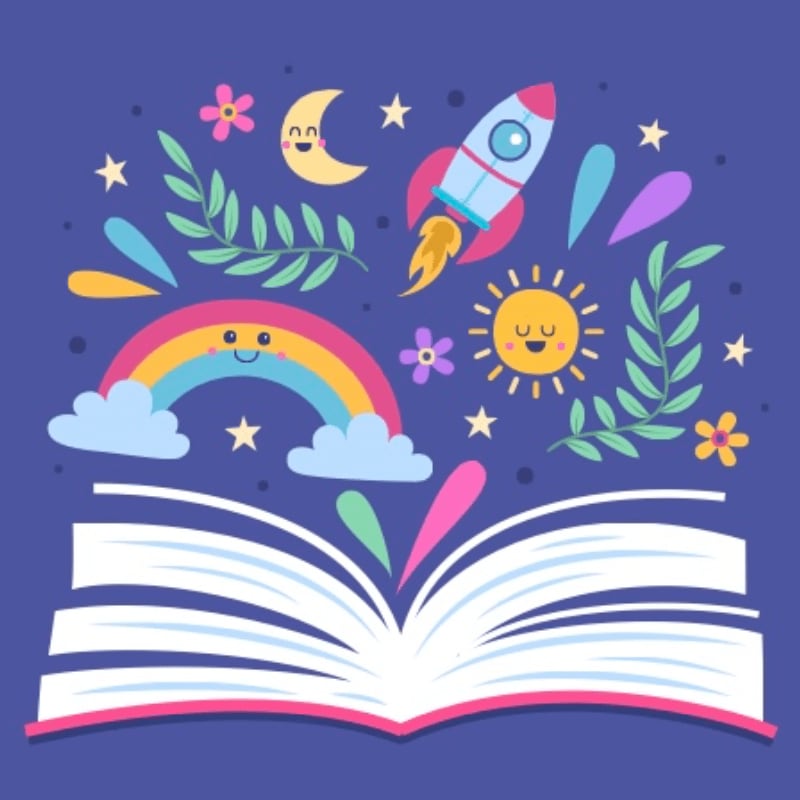 An open book in the foreground bursts with colorful illustrations of a rocket, rainbow, sun, moon, and stars against a deep purple background.