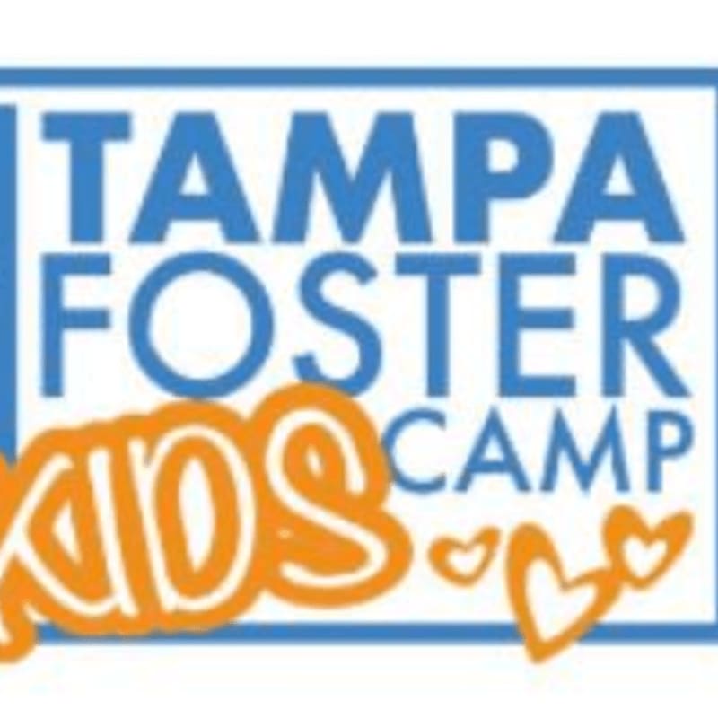 A white heart made of dots is on the left side of a blue rectangle, with "TAMPA FOSTER CAMP" written in blue text above orange text that reads "KIDS" and three small orange hearts on the right.