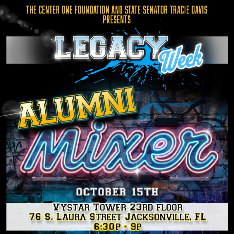 Neon signs for "ALUMNI Mixer" glow against a graffiti-covered brick wall, with "LEGACY Week" emblazoned above in bold lettering.