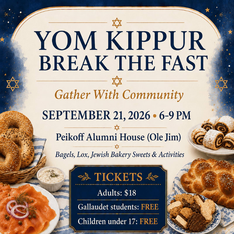 A festive flyer for a Yom Kippur break-the-fast event is set against a starry blue background, featuring a foreground spread of bagels, lox, challah, cookies, and pastries.