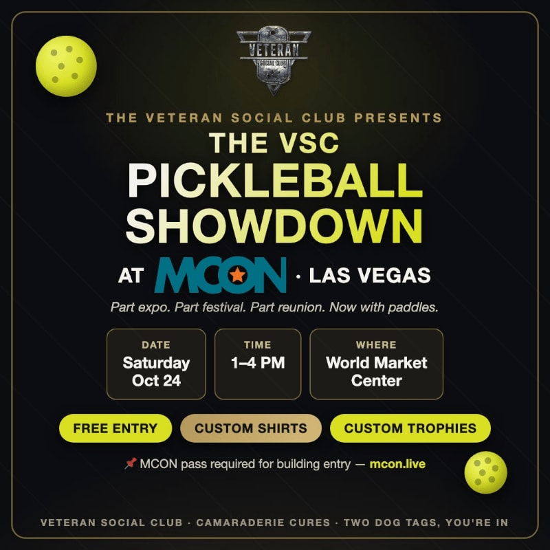 Two yellow pickleballs are in the foreground, while the background features a dark, textured square with event details for "The VSC Pickleball Showdown" presented by The Veteran Social Club.