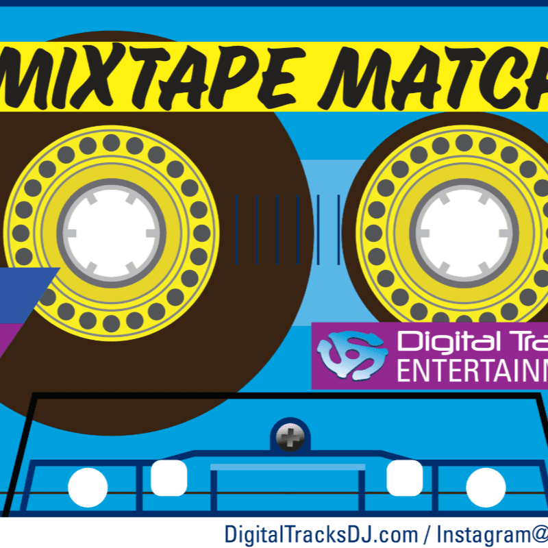 A blue cassette tape with yellow spools and the words "MIXTAPE MATCH" in yellow lettering is in the foreground, with a purple logo for "Digital Tracks Entertainment" on the right side of the tape.