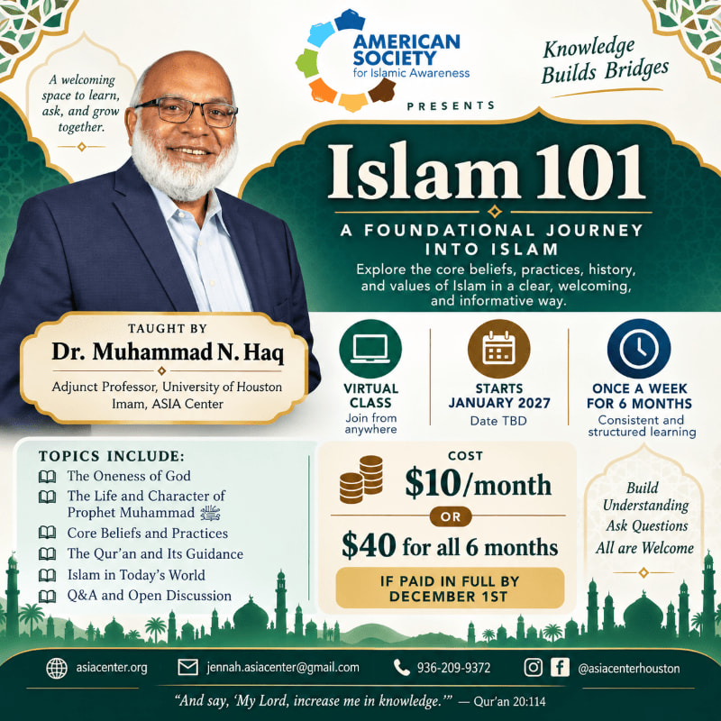 A smiling man in the foreground is featured on a flyer for an "Islam 101" class, with a silhouetted mosque and palm trees in the background.