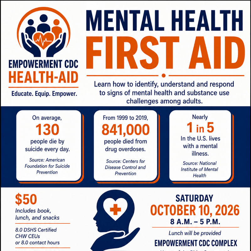 A blue and orange poster for "Mental Health First Aid" provides statistics on suicide and drug overdoses in the foreground, with event details for a Saturday, October 10, 2026, training in the background.