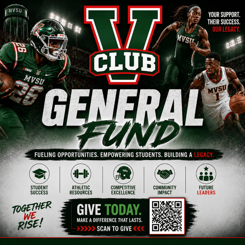 In the foreground, athletes in football and basketball uniforms are featured alongside text promoting the "General Fund" and a QR code, while the background displays a large "V CLUB" logo and stadium lights.