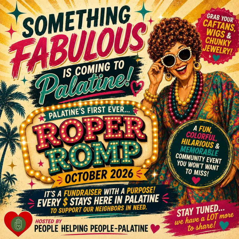 A vibrant poster advertises "Roper Romp" in Palatine, featuring a woman in colorful attire in the foreground and palm trees against a textured background.