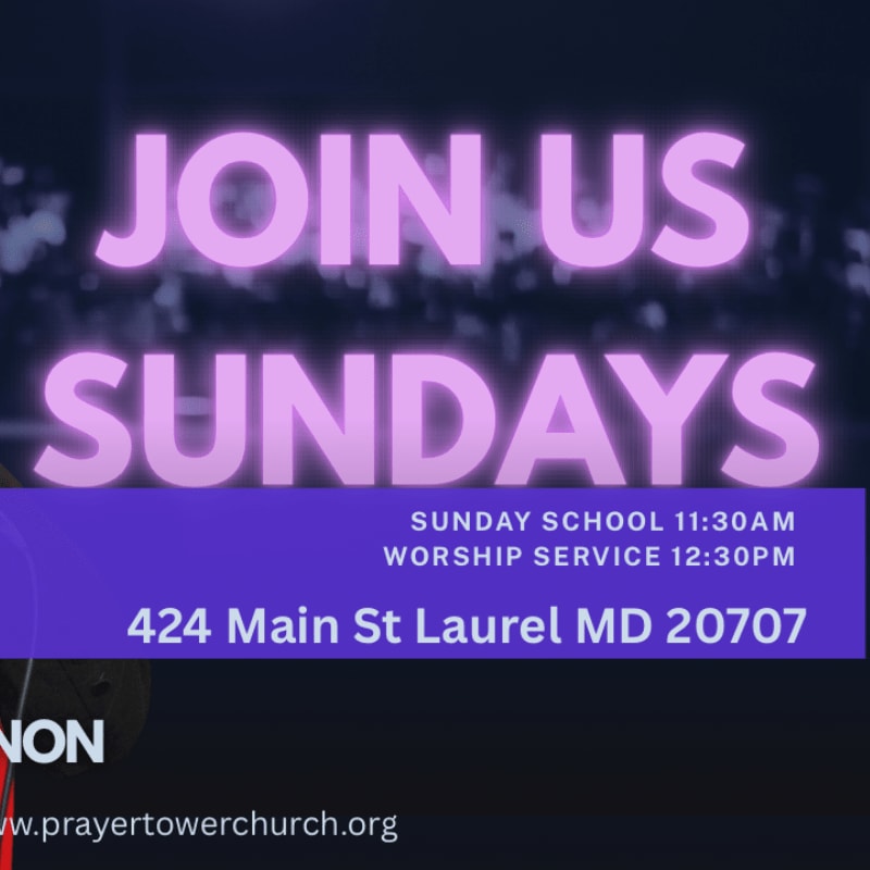 Large pink text reading "JOIN US SUNDAYS" is overlaid on a blurred background of a church interior, with a purple banner below detailing service times and an address.