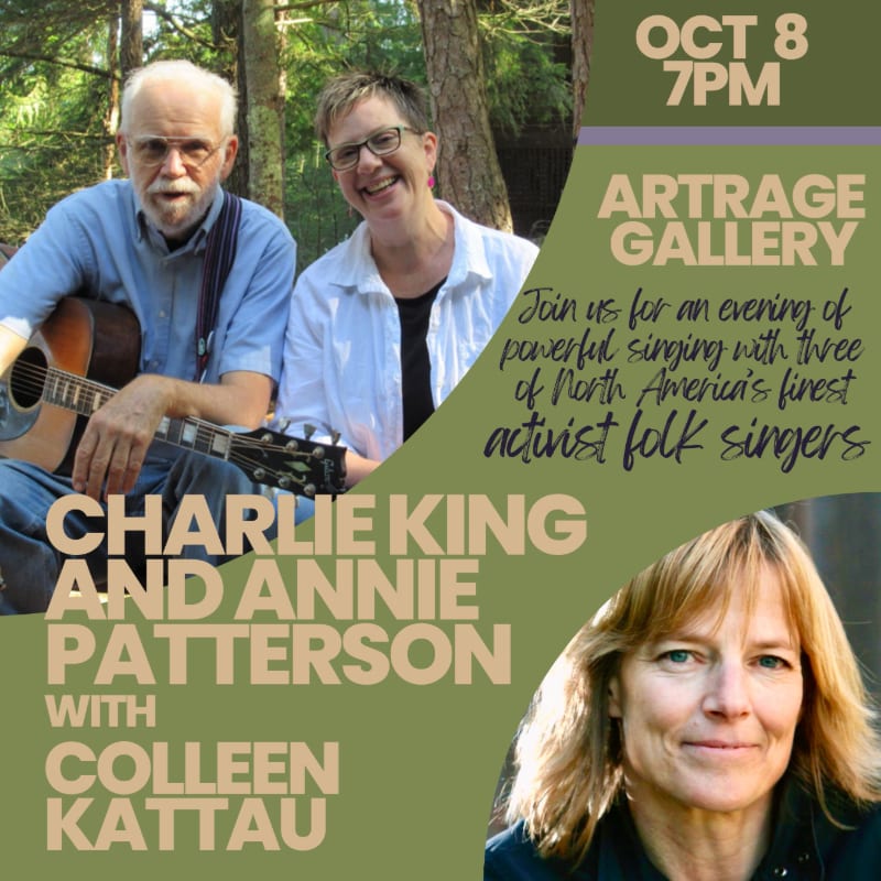 A man and woman are pictured in the foreground with a forest background, while text announces an event featuring Charlie King, Annie Patterson, and Colleen Kattau.