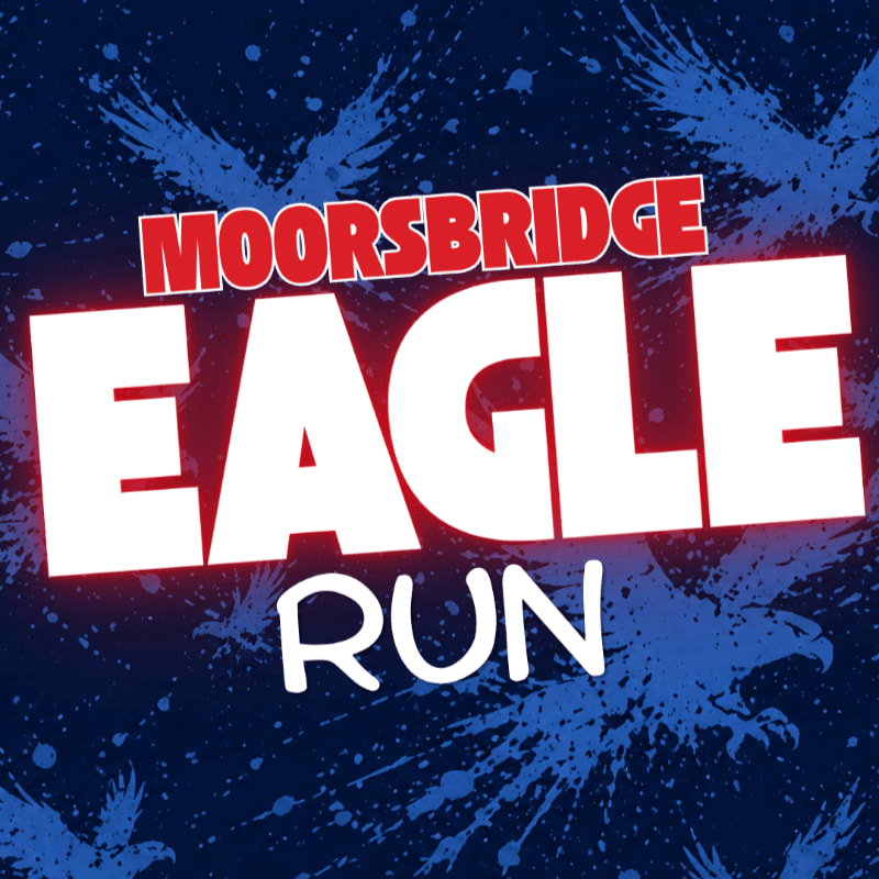 Bold white text reading "EAGLE RUN" with "MOORSBRIDGE" above it in red, is set against a dark blue background with white eagle silhouettes and splatters.