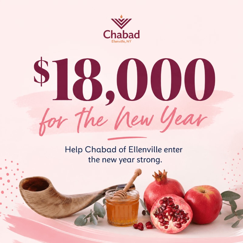 A shofar, honey, pomegranates, and apples are in the foreground, with a pink background featuring text about $18,000 for the New Year.