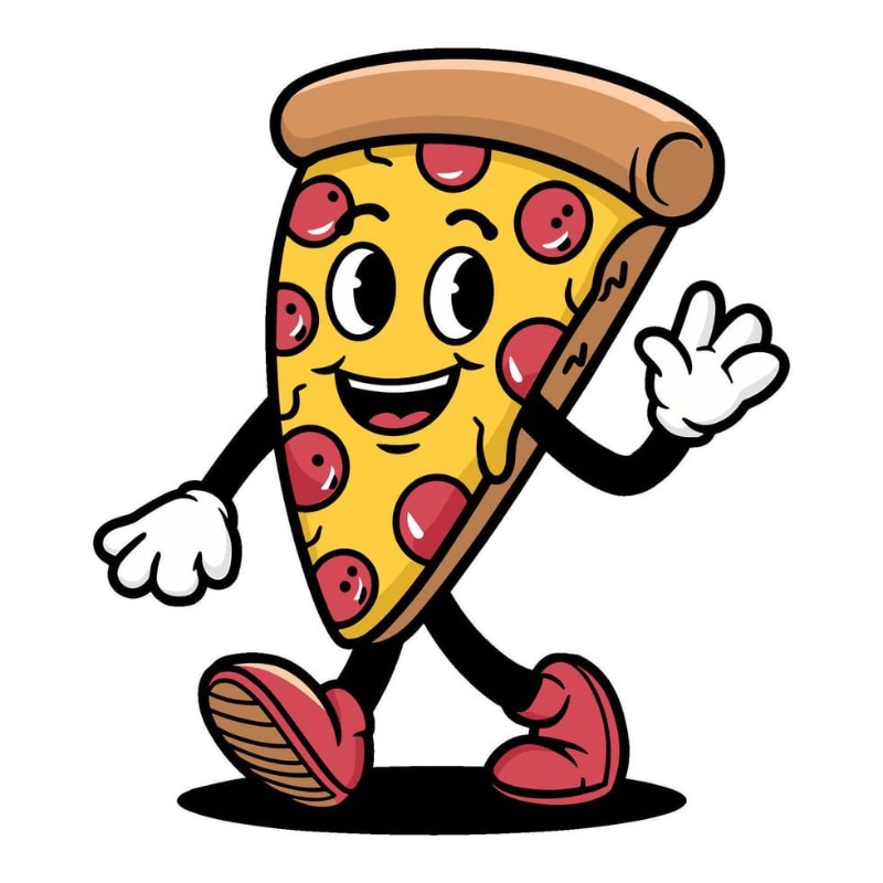 A cartoon slice of pepperoni pizza with a smiling face and arms and legs walks across a white background.
