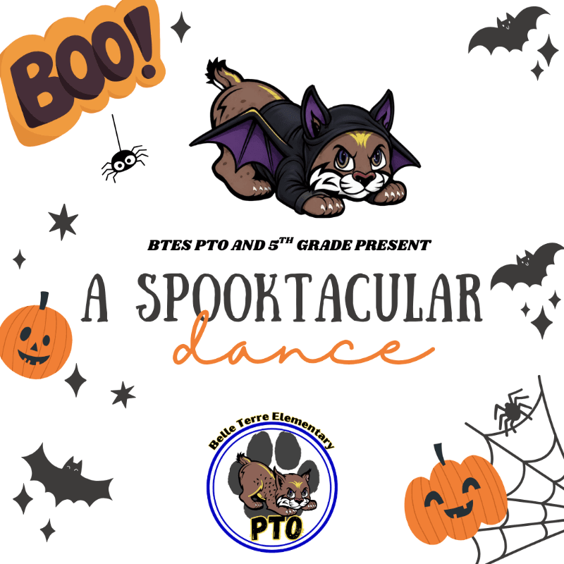 A cartoon cat dressed as a bat is featured in the foreground, with Halloween-themed decorations like pumpkins, bats, and spiders surrounding the text "A Spooktacular Dance" in the background.