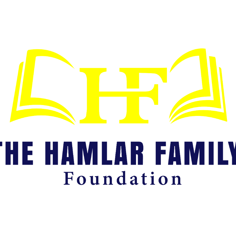 Yellow open books frame the yellow letters "HF" in the foreground, with "THE HAMLAR FAMILY Foundation" written in dark blue text below.