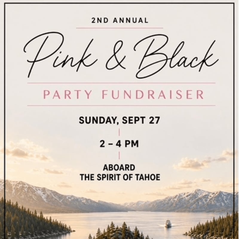 A "Pink & Black Party Fundraiser" is advertised on a beige background with a scenic lake and mountain landscape in the background.