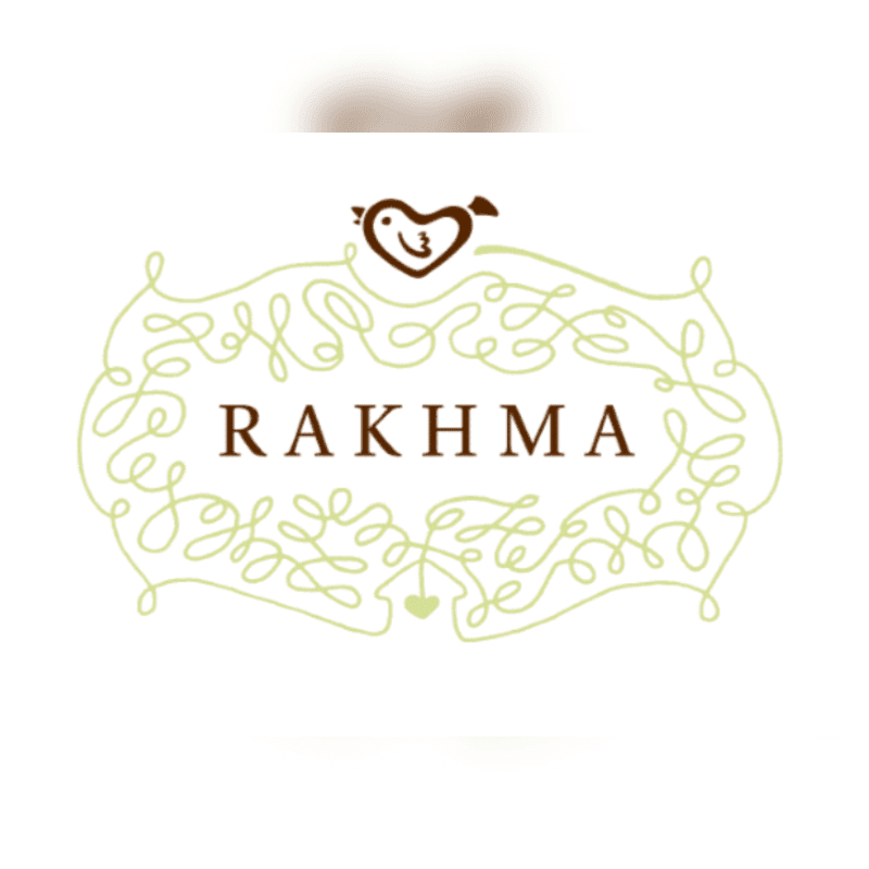 A whimsical logo with the word "RAKHMA" in the center, framed by a decorative flourish and topped with a heart-shaped bird, is set against a soft, blurred background.
