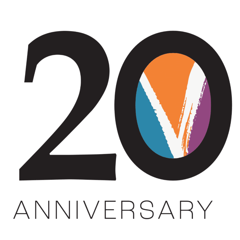 A large black number "20" with a colorful abstract design inside the "0" is centered above the word "ANNIVERSARY" on a white background.