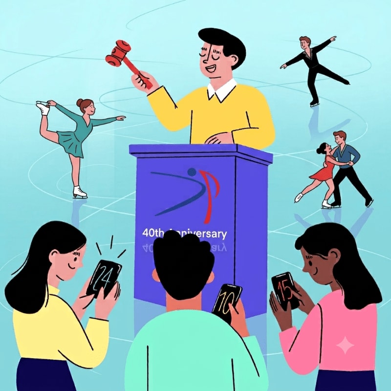In the foreground, three people are looking at their phones, while in the background, an auctioneer stands at a podium surrounded by ice skaters.