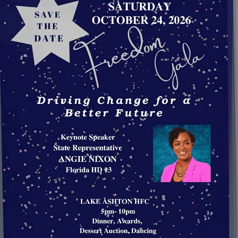 A "Save the Date" graphic for the Freedom Gala on Saturday, October 24, 2026, features a photo of Angie Nixon in the foreground against a dark blue, starry background.