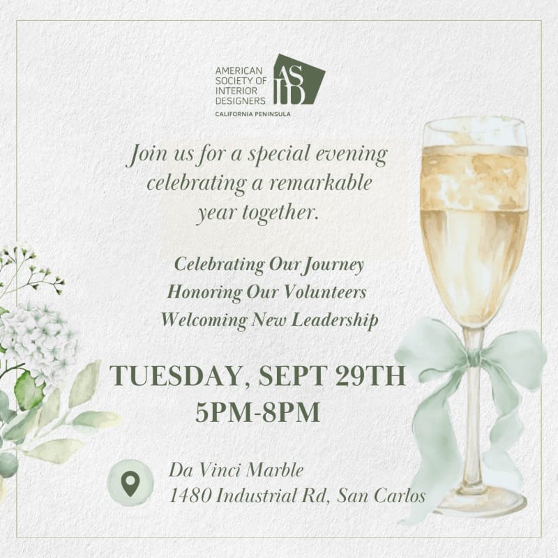 A champagne flute with a mint green ribbon is in the foreground, while the background features text announcing an event for the American Society of Interior Designers.