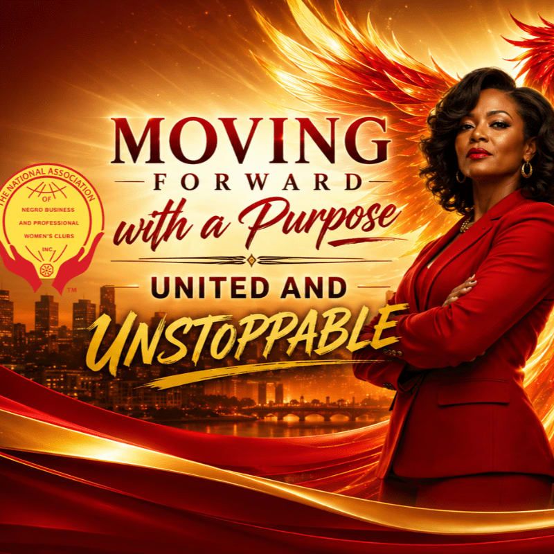 A confident woman in a red suit stands in the foreground with a city skyline and fiery phoenix wings in the background, all under the bold text "MOVING FORWARD with a Purpose UNITED AND UNSTOPPABLE."