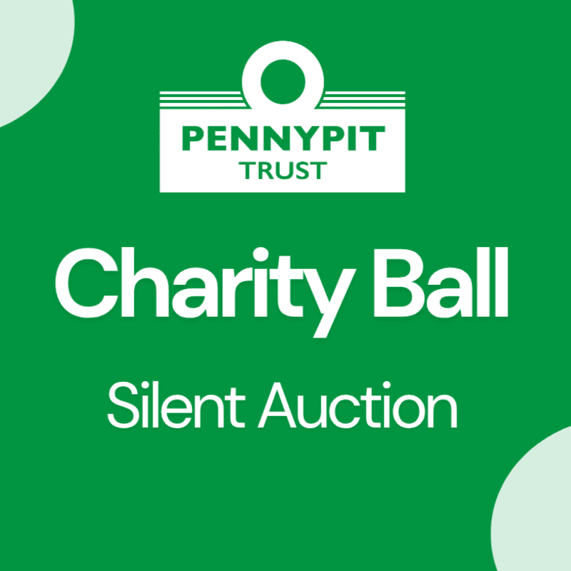 A green background with white text reading "Charity Ball Silent Auction" and the Pennypit Trust logo at the top, with two light green circles in the background.