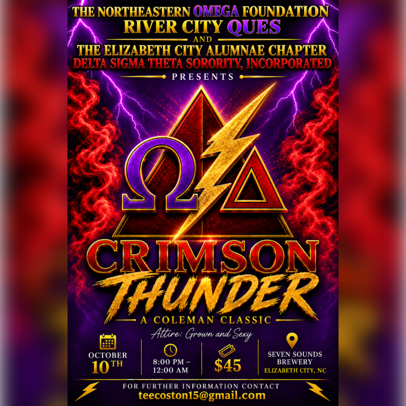 A vibrant poster for "Crimson Thunder" features the Omega Psi Phi and Delta Sigma Theta sorority symbols prominently in the foreground against a background of dramatic purple lightning and fiery red clouds.