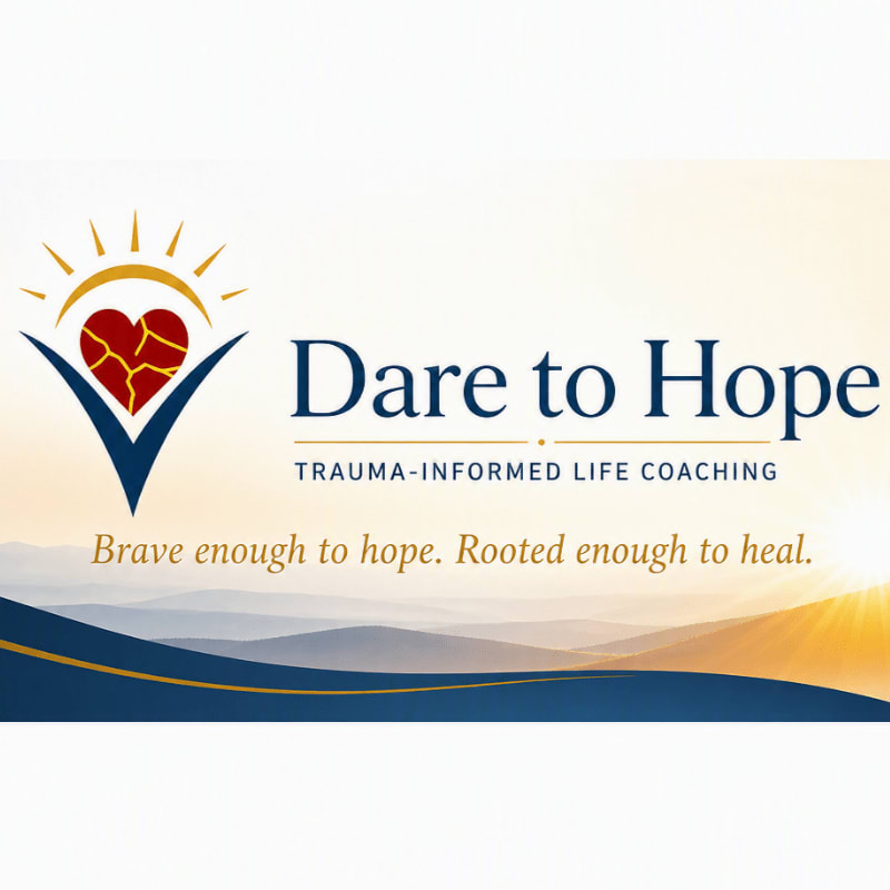A logo with the text "Dare to Hope" and a tagline "Brave enough to hope. Rooted enough to heal." is superimposed over a serene landscape of rolling hills at sunrise.