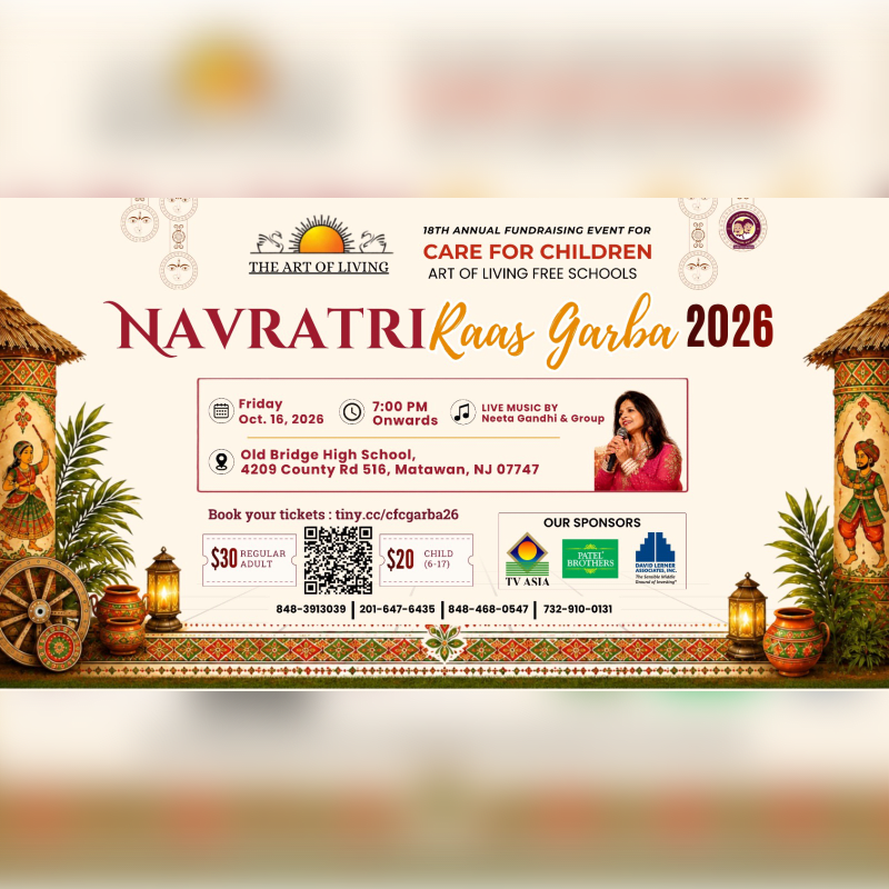 A vibrant poster for Navratri Raas Garba 2026 features ticket information and sponsor logos in the foreground, set against a decorative background with traditional Indian motifs and architectural elements.