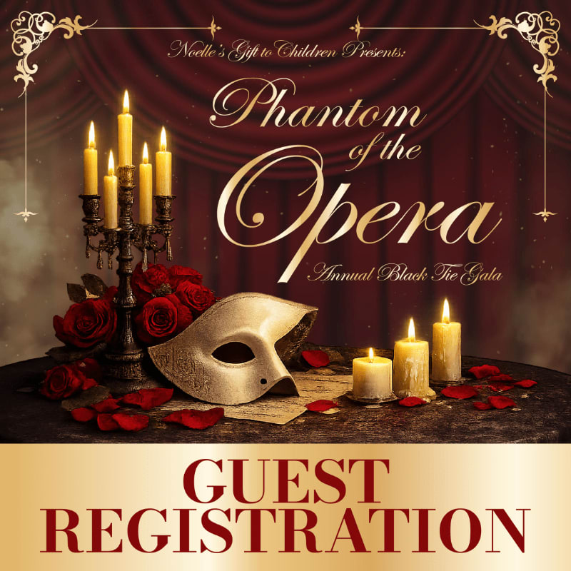 A white masquerade mask rests on a table with roses and candles in the foreground, set against a backdrop of red velvet curtains and the title "Phantom of the Opera Annual Black Tie Gala" in the background.