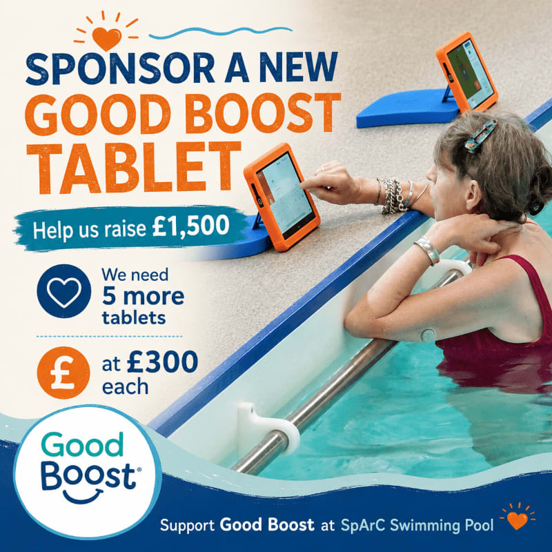 A woman in a swimming pool uses a tablet while the background displays a fundraising appeal for Good Boost tablets.