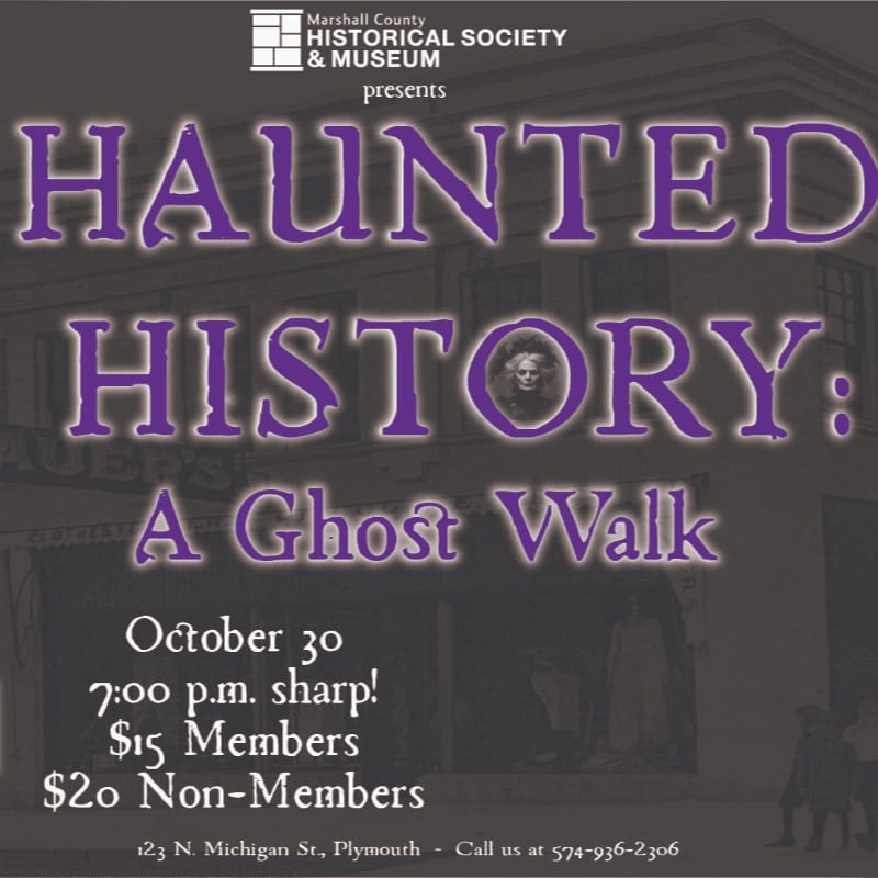 Purple text announcing "HAUNTED HISTORY: A Ghost Walk" is overlaid on a sepia-toned image of a historic building with silhouetted figures in the background.