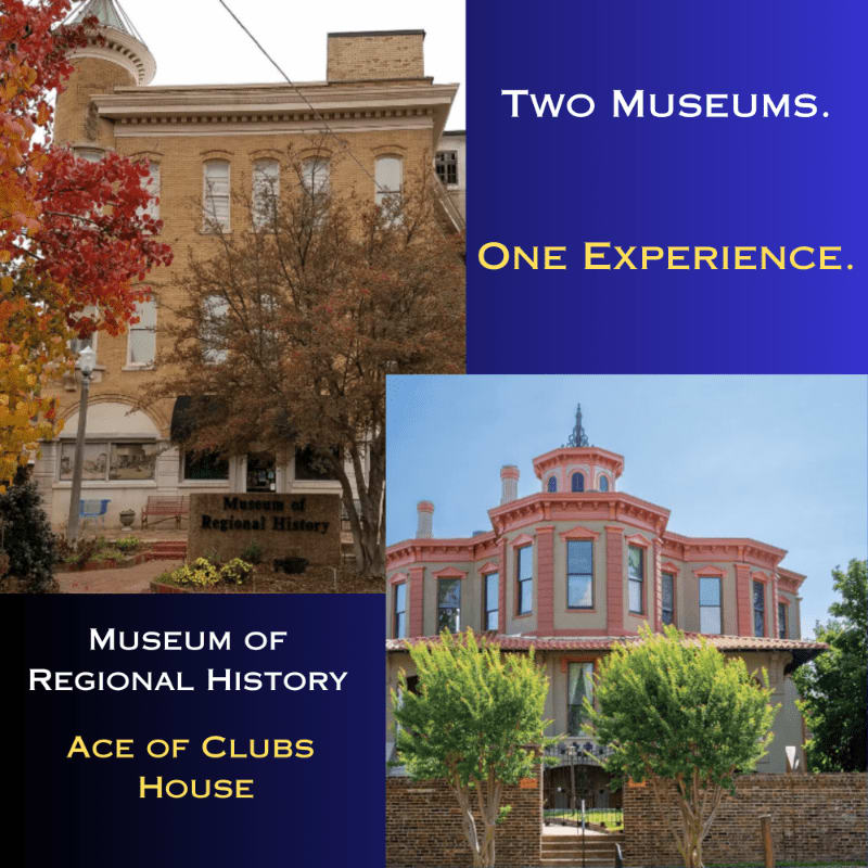A tan brick building with a turret stands in the background, while a colorful, ornate Victorian house is in the foreground, both advertising "Two Museums. One Experience."