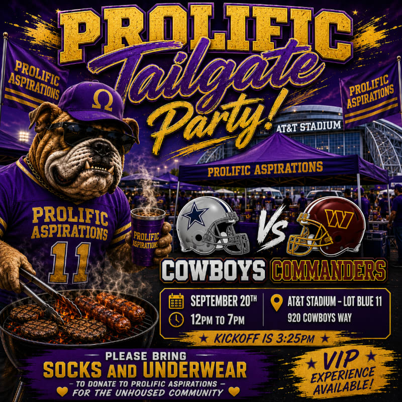 A bulldog in a purple shirt and hat grills burgers in the foreground, while the background shows a football game between the Cowboys and Commanders at AT&T Stadium.
