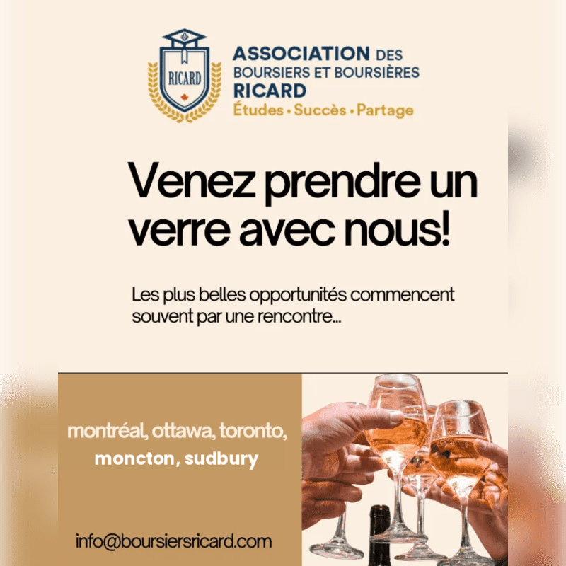 A toast of champagne glasses in the foreground is set against a background of text promoting an event by the Ricard Bursars and Scholars Association.
