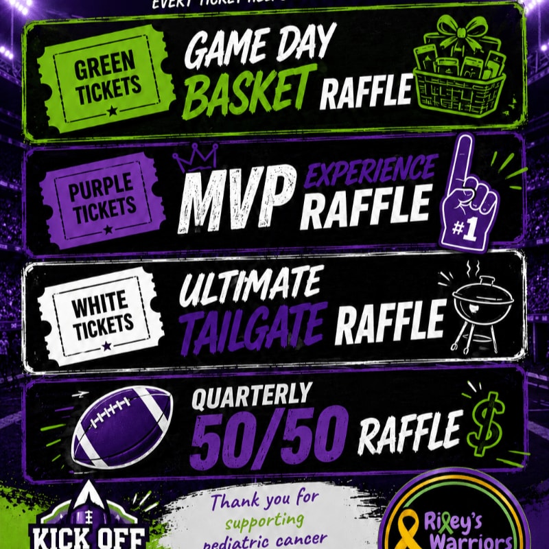 In the foreground, four raffle categories are listed with corresponding ticket colors and icons, while the background features a stadium-like atmosphere with purple and green lighting.