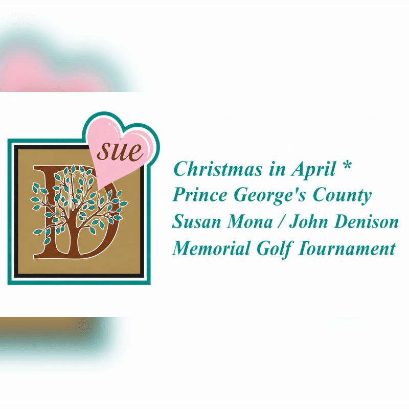 A stylized letter "D" with a tree inside and a pink heart with "sue" are in the foreground, while text announcing a "Christmas in April" golf tournament is in the background.