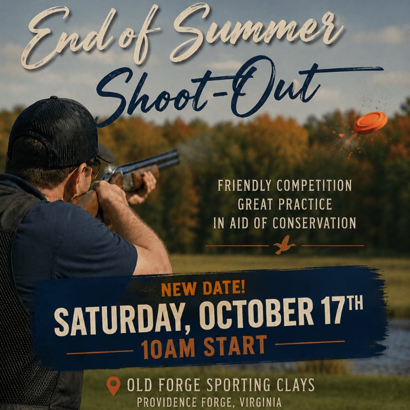 A man in the foreground aims a shotgun at a clay pigeon flying through the air against a backdrop of autumn trees and text announcing an "End of Summer Shoot-Out."