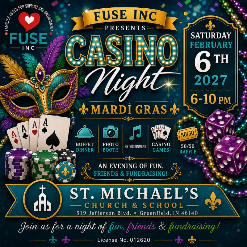 A vibrant Mardi Gras-themed casino night flyer features playing cards, dice, and poker chips in the foreground, set against a dark, sparkling background with event details.