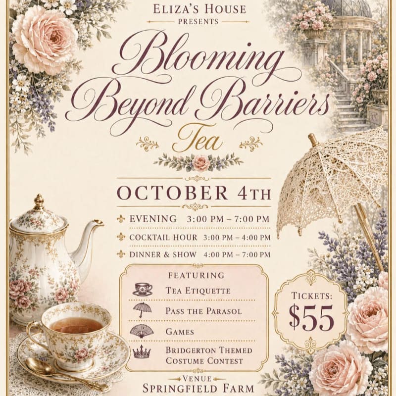 A vintage tea set and delicate lace parasol are in the foreground, while a grand staircase and floral archway adorn the background of this event invitation.