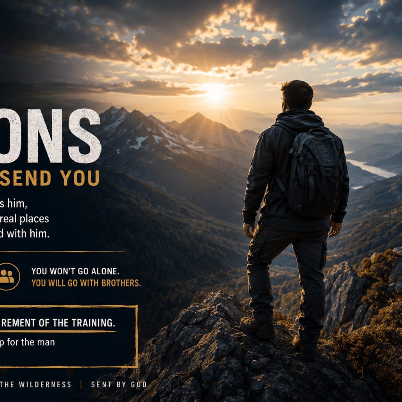A man stands on a rocky peak overlooking a vast mountain landscape at sunset, with text overlaying the scene.
