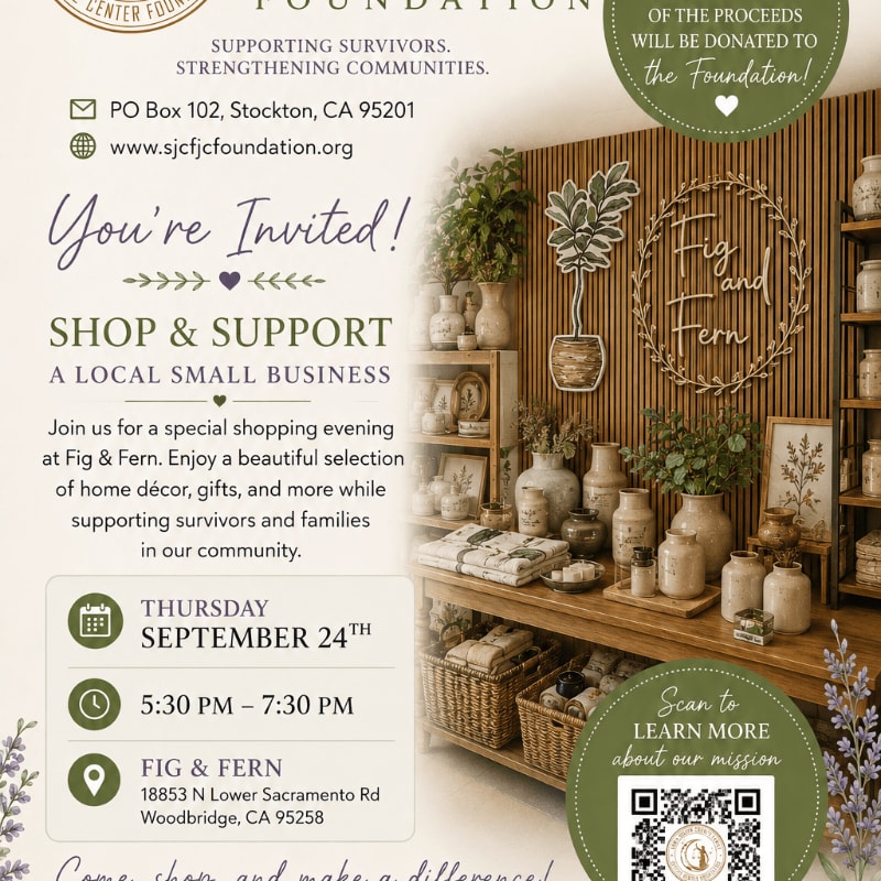 A flyer invites attendees to a shopping event at Fig & Fern, showcasing a store interior with shelves of home decor and gifts in the background.