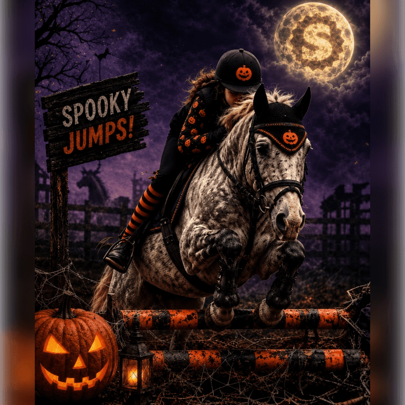 A rider on a dappled gray horse jumps over a Halloween-themed obstacle in the foreground, with a spooky, moonlit background featuring a sign that reads "SPOOKY JUMPS!".