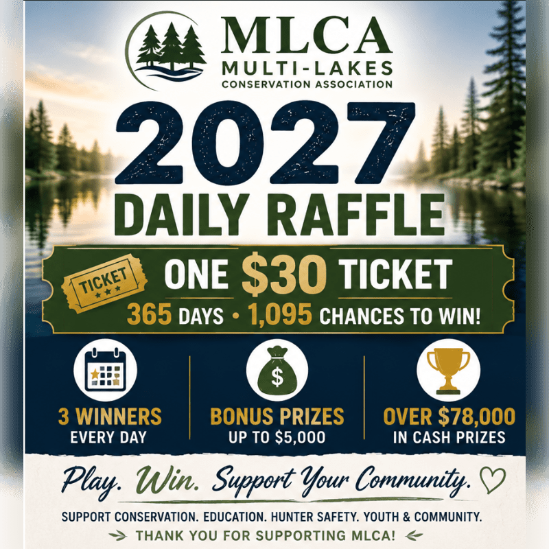 A serene lake with trees in the background frames a raffle advertisement for the MLCA's 2027 Daily Raffle, detailing ticket price, prizes, and winning opportunities.