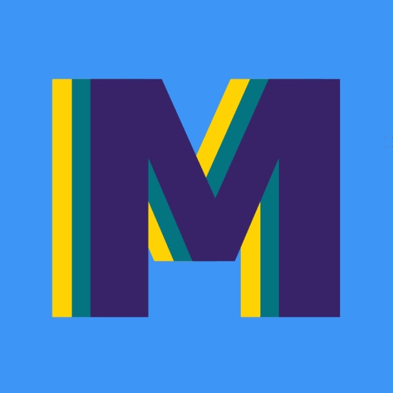 A large, dark purple letter "M" with yellow and teal stripes runs across the center of a bright blue background.