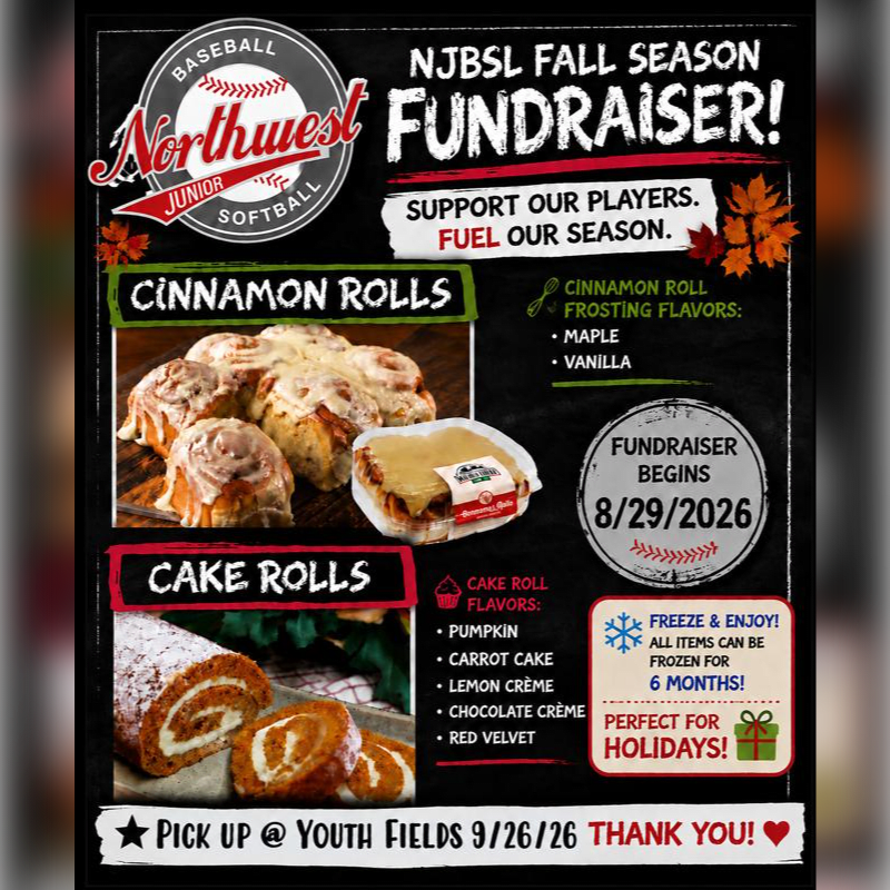 A flyer for a baseball and softball fundraiser features images of cinnamon rolls and cake rolls in the foreground against a dark background with event details.