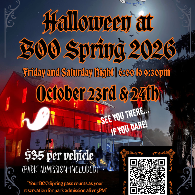 A spooky, illuminated building with a ghost graphic in the foreground is set against a dark, tree-lined background, advertising "Halloween at BOO Spring 2026."