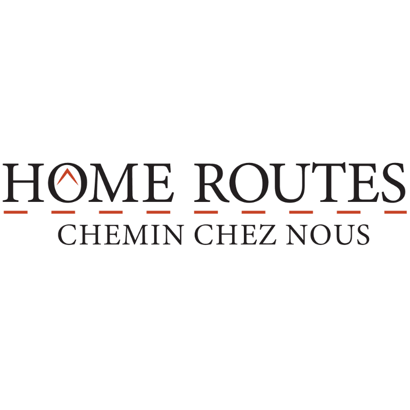 A logo with the words "HOME ROUTES" and "CHEMIN CHEZ NOUS" is displayed against a white background, with a dashed line and a small red arrow above the "O" in "HOME" in the foreground.