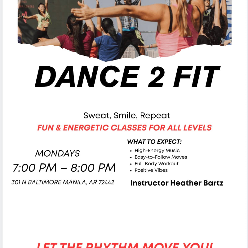 A group of people in the background are dancing, while the foreground displays text advertising "DANCE 2 FIT" classes.
